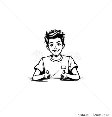 Enthusiastic boy giving thumbs up with a positive expression and happy mood Enthusiastic boy giving thumbs up with a positive expression and happy mood 128039658