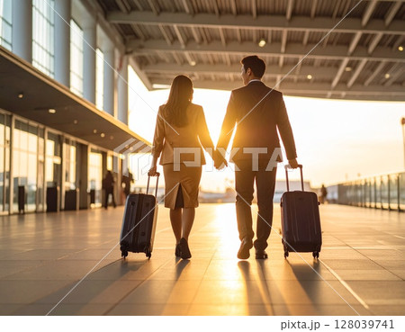 若い妊婦と夫が旅に出る後ろ姿 空港 キャリーバッグ 若い妊婦と夫が旅に出る後ろ姿 空港 キャリーバッグ 128039741
