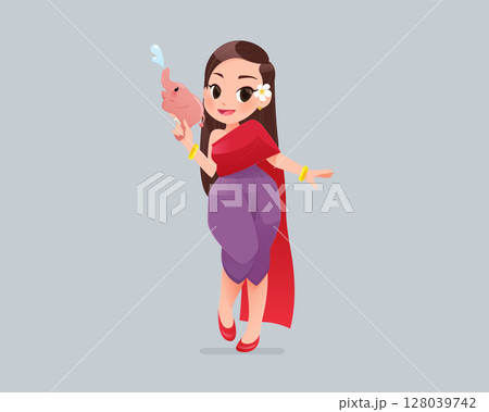 Smiling Thai woman in traditional dress celebrates Songkran with a water gun. Smiling Thai woman in traditional dress celebrates Songkran with a water gun. 128039742