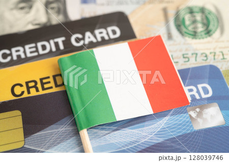 Italy flag on coin and banknote money, finance trading investment business currency. 128039746