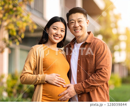 アジア人の若い妊婦と夫が笑顔で新居マンションの前でポーズ アジア人の若い妊婦と夫が笑顔で新居マンションの前でポーズ 128039844