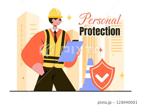 Personal Protection Vector Illustration Featuring Safety Equipment with a Construction Industrial Worker and Construction Tools in a Flat Background Personal Protection Vector Illustration Featuring Safety Equipment with a Construction Industrial Worker and Construction Tools in a Flat Background 128040081