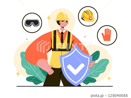 Personal Protection Vector Illustration Featuring Safety Equipment with a Construction Industrial Worker and Construction Tools in a Flat Background Personal Protection Vector Illustration Featuring Safety Equipment with a Construction Industrial Worker and Construction Tools in a Flat Background 128040088
