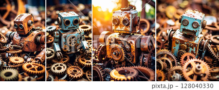 Abandoned Old Rusty Robot Crushed by Many Rusty Gears - Generative Ai 128040330