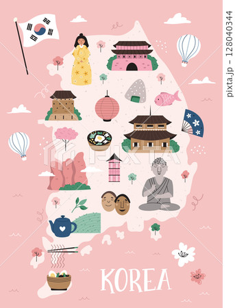 Cute Illustrated Map of South Korea with Landmarks and Cultural Symbols 128040344