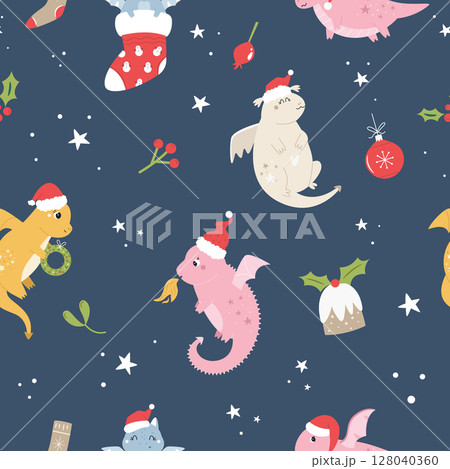 Cute Christmas Pattern with Dragons in Santa Hats on Blue Background 128040360