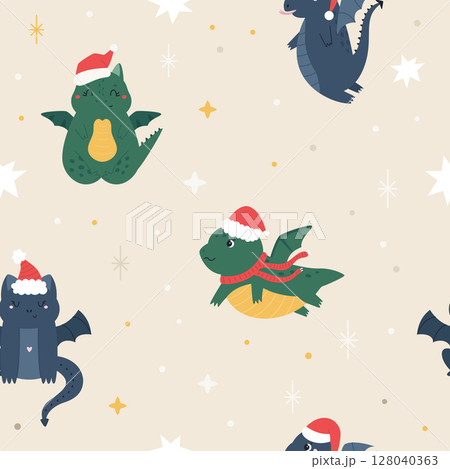 Cute Christmas Pattern with Dragons in Santa Hats on Beige Background 128040363