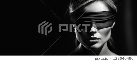 Black and White Striking Portrait of a Woman Face Partially Covered by a Blindfold - Generative Ai Black and White Striking Portrait of a Woman Face Partially Covered by a Blindfold - Generative Ai 128040490