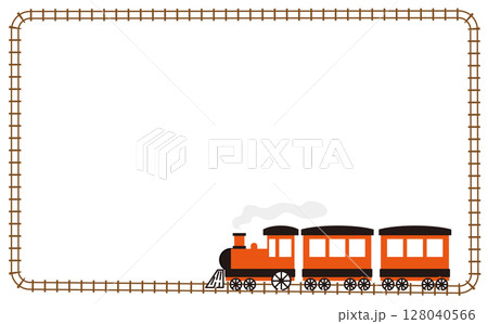 赤い機関車と線路のイラストフレーム背景素材 赤い機関車と線路のイラストフレーム背景素材 128040566