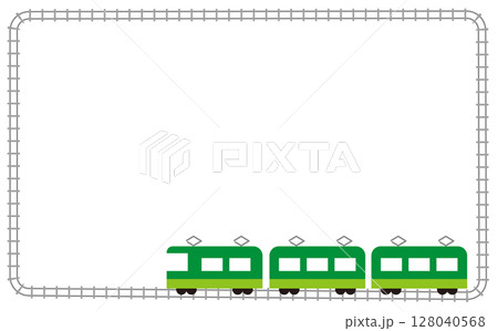 緑の電車と線路のイラストフレーム素材 128040568