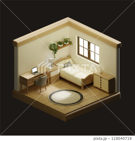 Interior design and home decor in a cozy bedroom scene. 3D render illustration Interior design and home decor in a cozy bedroom scene. 3D render illustration 128040719