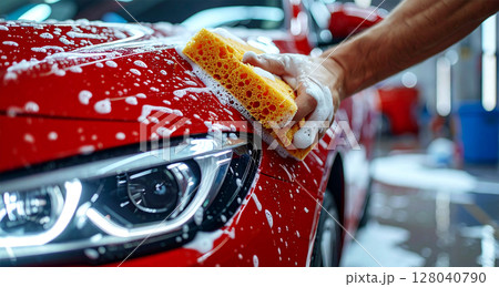 Close-Up of a Hand Washing a Red Car With Sponge And Detergent on Car Wash - Generative Ai 128040790