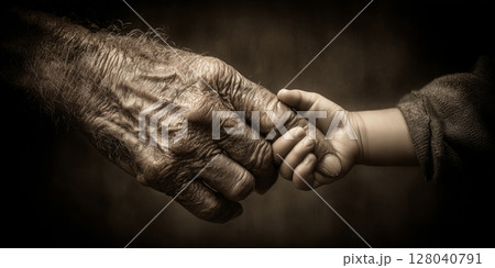 Close-up of a Handshake Between an Elderly Man and a Child - Generative Ai 128040791