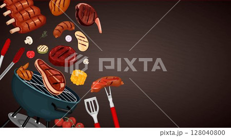 BBQ Grill Background with Meat and Tools 128040800