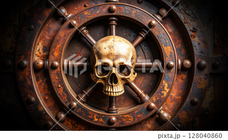 Close-up of a Metal Rusty Porthole with a Human Skull - Generative Ai 128040860
