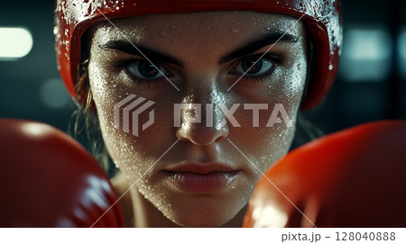 Close-up of Determined Female Boxer with Red Boxing Gloves and Protective Boxing Helmet - Generative Ai 128040888