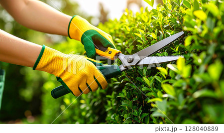 Close-up of Professional Gardener Pruning a Hedge in the Garden - Generative Ai 128040889
