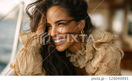 Close-up of Smiling Happy Woman Enjoying Watching the Sea From a Cruise Ship - Generative Ai 128040891