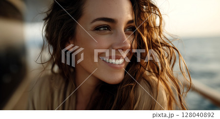 Close-up of Smiling Happy Woman Enjoying Watching the Sea From a Cruise Ship - Generative Ai 128040892