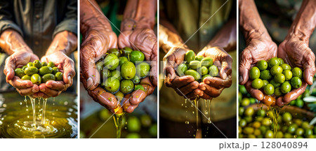 Close-up of the Hands of a Farmer with Green Olives and Olive Oil - Generative Ai 128040894