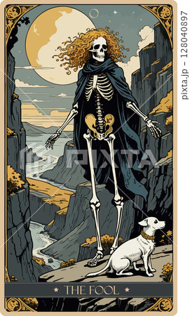 A watercolor skeleton Tarot card 'The Fool'.Major arcana set part . Vector hand drawn engraved style. Occult and alchemy symbolism. 128040897