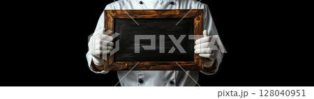 Close-up of the White Gloved Hands of a Chef Holding an Empty Blackboard with Copy Space - Generative Ai 128040951
