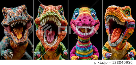 Closeup of a Cute Knitted Tyrannosaurus Rex Dinosaur Toy on Black Background - Generative Ai 128040956
