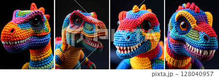 Closeup of a Cute Knitted Tyrannosaurus Rex Dinosaur Toy on Black Background - Generative Ai 128040957