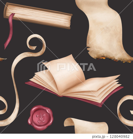 Seamless pattern with hardcover books, parchments, wax seals. An open empty diary, a notebook. Old schools, education, Victorian style, information and teaching, manuscripts and letters 128040982