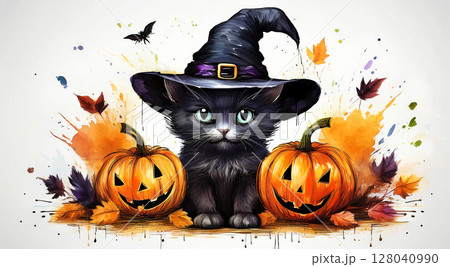 Cute Black Kitten with Witch Hat and Spooky Halloween Pumpkin - Generative Ai 128040990