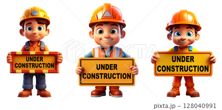 Cute Cartoon Character in Construction Gear Holding an Under Construction Sign - Generative Ai 128040991