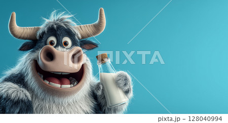 Cute Cartoon Character of a Cow Holding a Glass Bottle of Milk on Blue Background - Generative Ai 128040994
