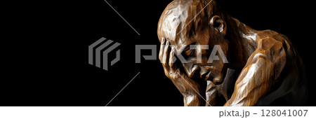 Closeup of a Wooden Sculpture of a Sad Man Isolated on Black Background - Generative Ai 128041007