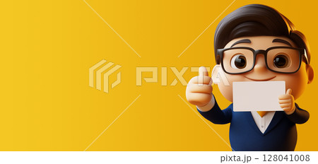 Closeup of Cartoon Character of a Happy Businessman Holding a Blank Sign - Generative Ai 128041008