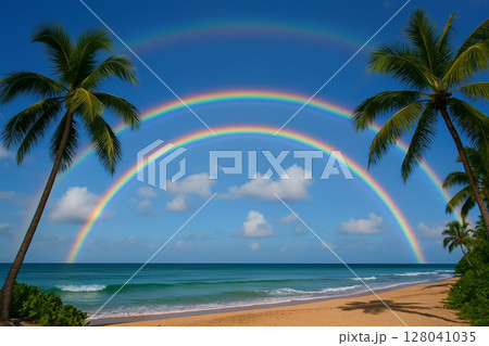 3つ虹がかかる南国の空 128041035
