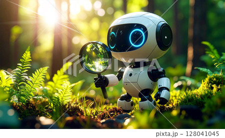 Cute Small Robot Holding a Magnifying Glass in the Forest - Generative Ai Cute Small Robot Holding a Magnifying Glass in the Forest - Generative Ai 128041045