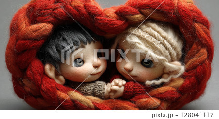 Extreme Close-up of Two Miniature Dolls Inside a Heart Made of Red Wool - Generative Ai 128041117