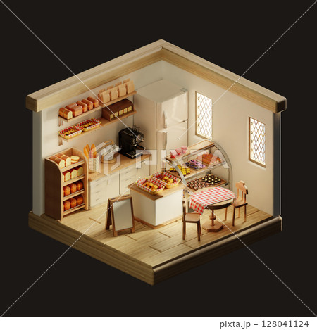 Charming corner bakery adorned with baked delights. 3D render illustration Charming corner bakery adorned with baked delights. 3D render illustration 128041124