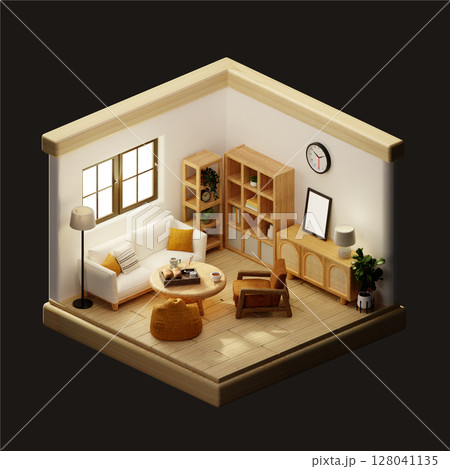 Stylish living area with contemporary furniture in a cozy setting. 3D render illustration 128041135