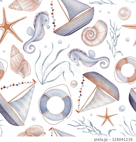 Blue beige sea seamless pattern with Seashell and Pearls and fishes on isolated background. Hand drawn vintage watercolor ornament with Seaweed and stars for print in nautical style. 128041216