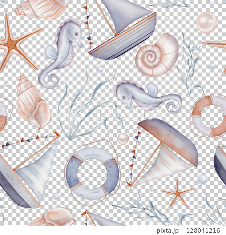 Blue beige sea seamless pattern with Seashell and Pearls and fishes on isolated background. Hand drawn vintage watercolor ornament with Seaweed and stars for print in nautical style. 128041216