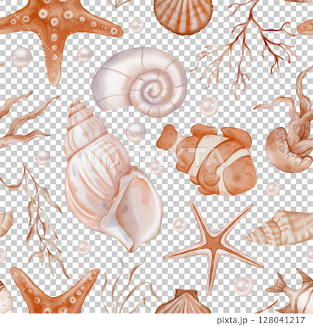 Orange beige sea seamless pattern with Seashell and Pearls and fishes on isolated background. Hand drawn vintage watercolor ornament with Seaweed and stars for print in nautical style. Orange beige sea seamless pattern with Seashell and Pearls and fishes on isolated background. Hand drawn vintage watercolor ornament with Seaweed and stars for print in nautical style. 128041217