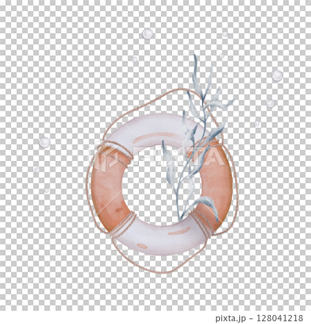 Watercolor illustration sea lifebuoy light orange and white safeties ring with rope. Hand drawn composition with marine rescue equipment and Seaweed isolated on white background for babes production. Watercolor illustration sea lifebuoy light orange and white safeties ring with rope. Hand drawn composition with marine rescue equipment and Seaweed isolated on white background for babes production. 128041218