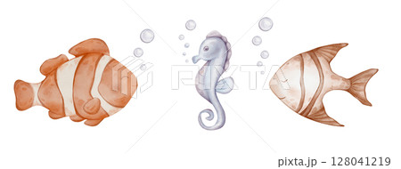 Tropical set of Fishes and Sea Horse with air bubbles watercolor illustration. Art of marine animal with orange and beige stripes for childish cards. Drawing of ocean creature for baby wall art. 128041219