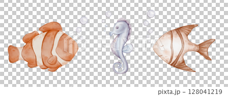 Tropical set of Fishes and Sea Horse with air bubbles watercolor illustration. Art of marine animal with orange and beige stripes for childish cards. Drawing of ocean creature for baby wall art. 128041219