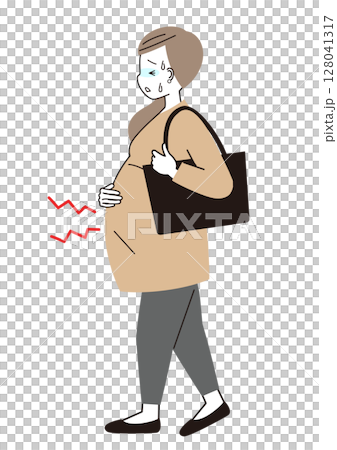 A pregnant woman with a stomach ache and turning pale while commuting 128041317