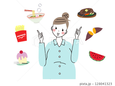 妊娠中に食べてよいもの・よくないものを考えている妊婦さん 128041323