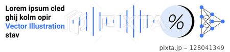 Sound waves, percentage symbol, neural network graph in blue. Ideal for data analysis, machine learning, statistics, AI development, financial forecasting, tech interfaces, educational tools. Landing 128041349