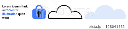 Blue lock icon with keyhole next to three stylized clouds in varying outlines and shades. Ideal for cloud computing, data security, technology, IT services, cybersecurity, digital storage, web 128041383