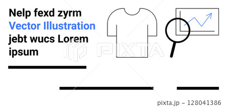 T-shirt, magnifying glass highlighting upward graph, text blocks. Ideal for marketing, e-commerce, data analysis, SEO, presentations, educational materials, infographics. Landing page T-shirt, magnifying glass highlighting upward graph, text blocks. Ideal for marketing, e-commerce, data analysis, SEO, presentations, educational materials, infographics. Landing page 128041386